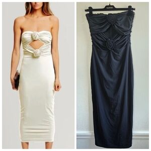 New Torn by Ronny Kobo Selena Strapless Cutout Rosette Bodycon Black Midi Dress